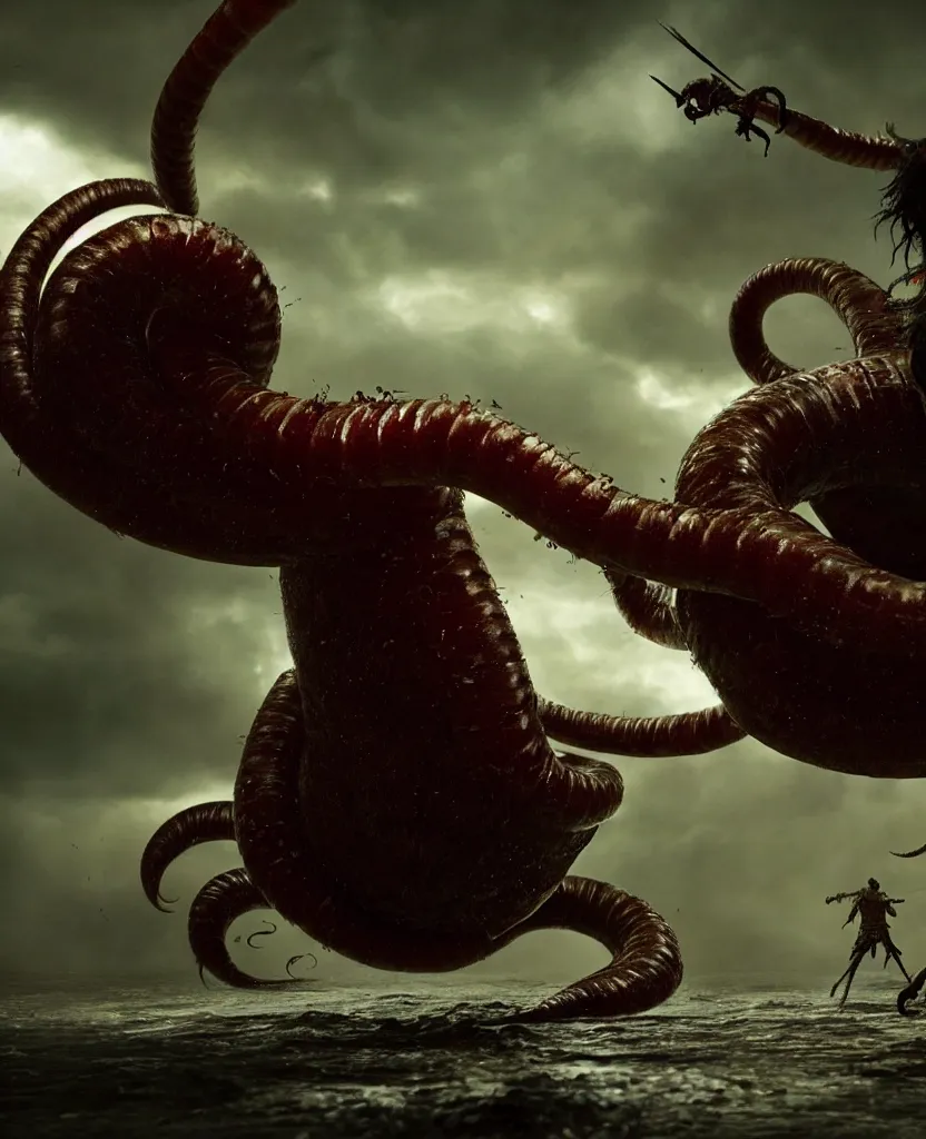 Image similar to pirates fighting giant screaming worm, cinematic atmosphere, maximized, high detail, 8k, ornate, dark fantasy, masterpiece, complex, film still from the movie directed by Denis Villeneuve