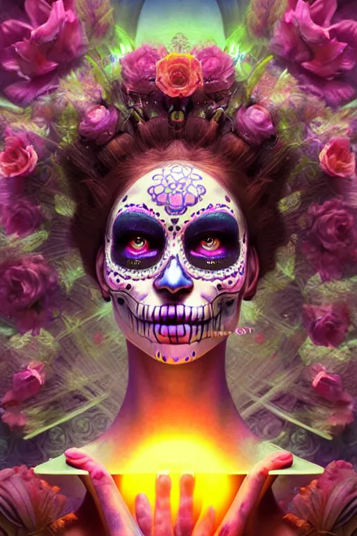 Prompt: ultra detailed, ethereal closeup photo of female android deity, sharp focus, no blur, studio photo, floodlight. fantasy art, octane render, unreal engine. dia de los muertos, flowerpunk. photorealistic concept art, triadic color scheme. art by artgerm and wlop and giger and greg rutkowski and alphonse mucha, 8 k