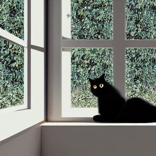 Image similar to peaceful dreamy painting of a content black cat sitting by a window, sunshine coming through the window, small plants on the window sill, 4k resolution, highly detailed, octane render