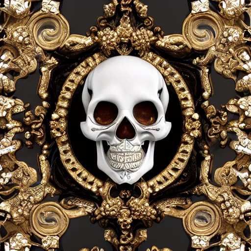 Prompt: a portrait of a beautiful ornate and intricate rococo skull with diamonds as eyes and with silver and gold details and diamonds inside a rococo frame, 4k, octane render, vray, unreal engine, photorealistic