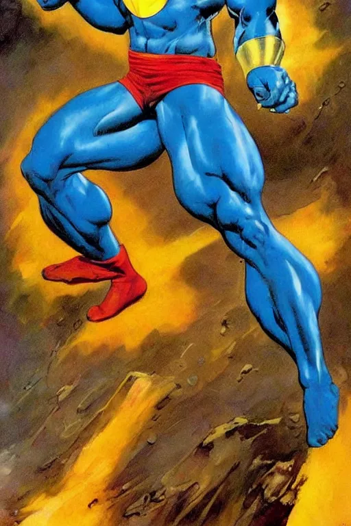 Image similar to painting by Frank Frazetta!!! of as Dr. Manhattan in Watchmen