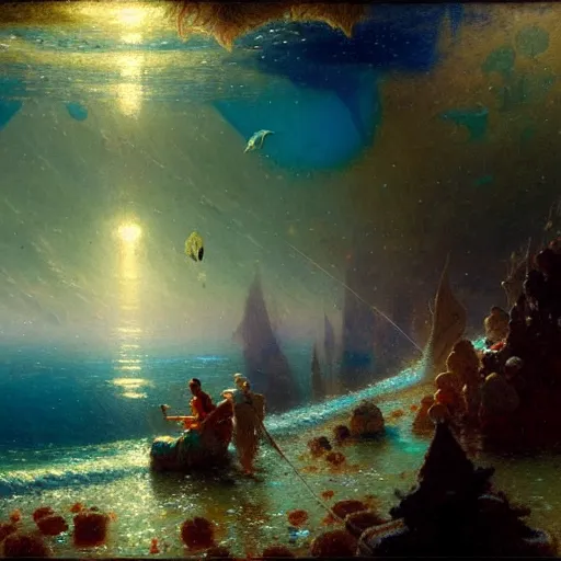 Image similar to point of view of deep in the ocean looking up, you see fishes, higher the milk way, night time, midnight. highly detailed painting by gaston bussiere, greg rutkowski 8 k