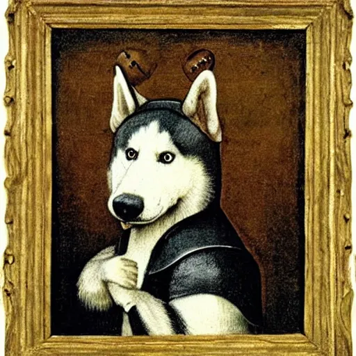 Image similar to a cute husky painted by hieronymus bosch