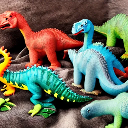 Image similar to an army of dinosaur toys, blurred background, photorealistic