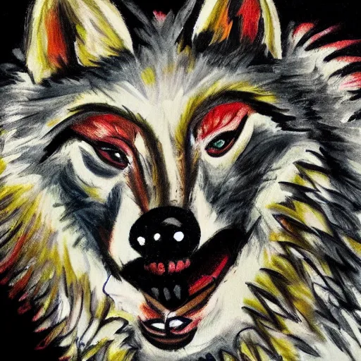 Image similar to retarded funny wolf portrait, expressionism style