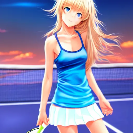 Prompt: a very beautiful young anime tennis girl, full body, head, long wavy blond hair, sky blue eyes, full round face, short smile, bikini, miniskirt, front view, full shot, highly detailed, cinematic wallpaper by stanley artgerm lau