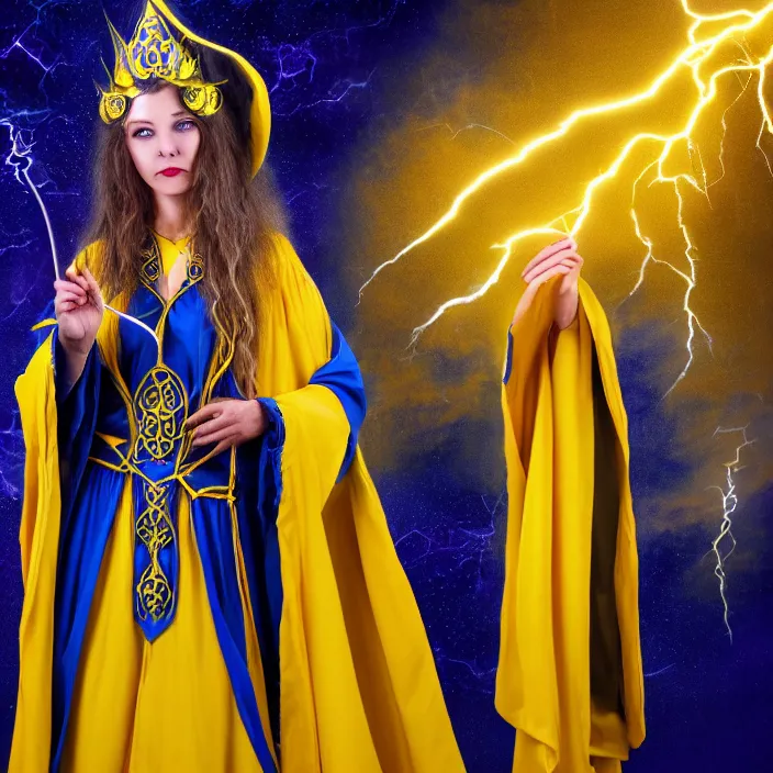 Image similar to photograph of a real - life beautiful!! elemental lightning witch with ornate yellow and blue robes. extremely detailed. 8 k