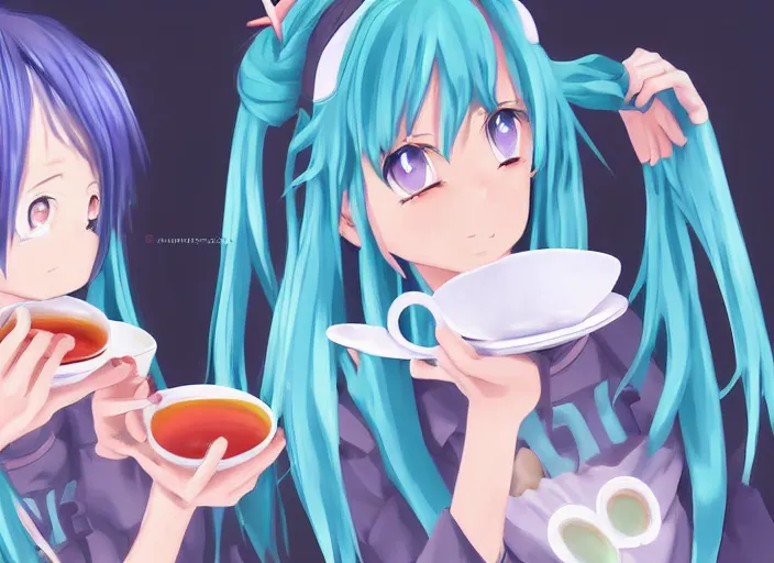 Prompt: An anime-style digital painting of anime girl Hatsune Miku and anime girl Makise Kurisu drinking a cup of tea, cgi render, trending on ArtStation, pixiv, detailed