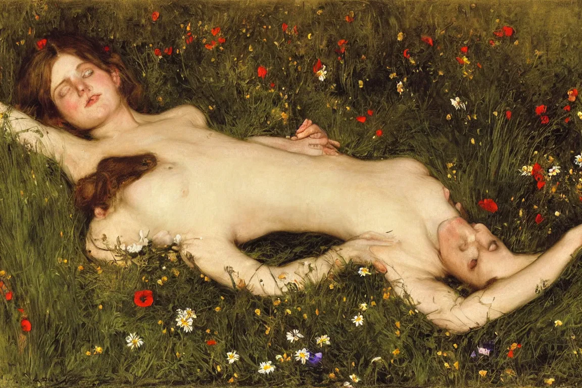 Prompt: John Millais. Close up of Apathetic pale woman lying horizontal in a dark shallow river. Thick forest, flowers are everywhere. Frame of flowers. Golden brown dress with playful details, light dark very long hair. Poppies, daisies, pansies. Naturalistic strong vibrant green colors. Fine brush strokes. Mysterious and realistic.