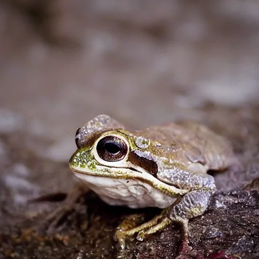 Image similar to closeup of a frog sitting on a stone in a forest, wildlife photography