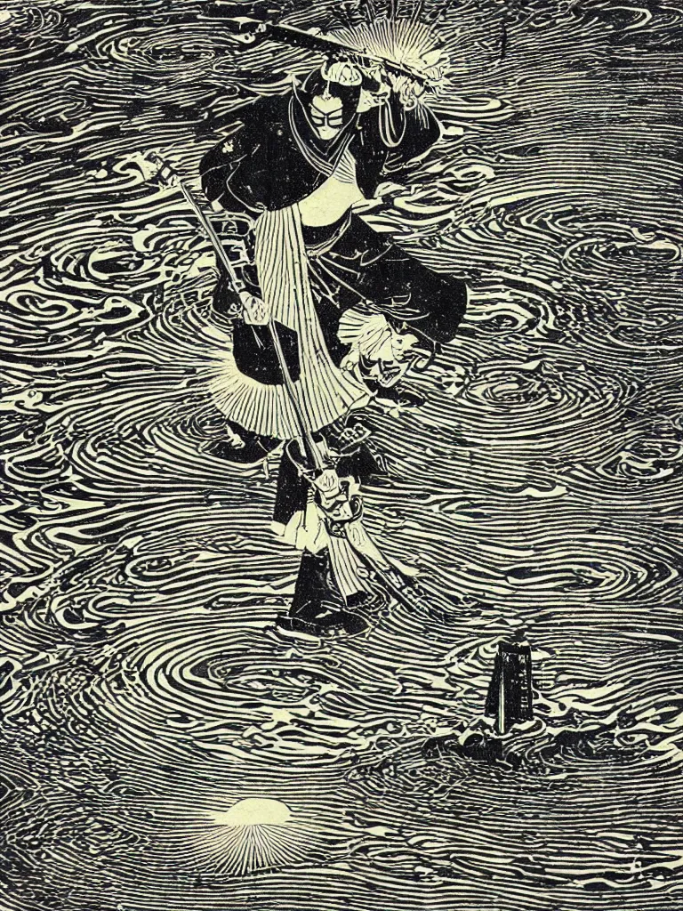 Image similar to old printmaking woodblock print of a intricately detailed samurai with a katana standing in water with ripples around him, a big sun above. beautiful dark fantasy, 8k detail