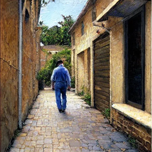 Image similar to a beautiful painting of a man strolling down an alley by Steve Hanks