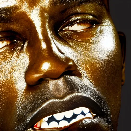 Prompt: Photo of Michael Jordan as spynx, gold, metalic skin, close-up, very detailed facial features, by Martin Schoeller