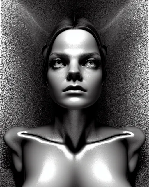 Prompt: dreamy, monochrome, subsurface scattering, white, cyborg goddess in cosmos, black and white, octane render, virgil finlay, highly detailed, rim light, art, cinematic lighting, very coherent, hyper realism, 8 k