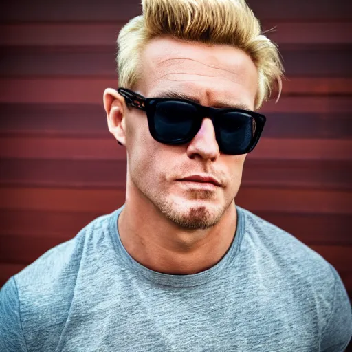 Prompt: 8 k hd, high detail photograph, shot with sigma f / 4. 2, 5 0 mm sharp lens, becoming the subject, extreme wide shot, shallow depth of field : ( subject = jonny bravo + subject detail = blonde, shades, cool pose, accurate body features, high level texture render ), printed on a t shirt - n 4