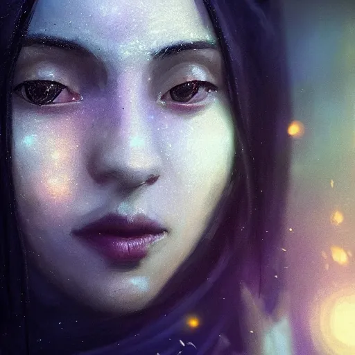 Image similar to Masterpiece portrait of an aesthetic beautiful realistic black haired priestess, 30 years old woman, praying, cinematic light, digital painting by WLOP, atmospheric effects, fireflies, 4K, octane render, artstation, deviantart, close view, dark purple blue tones