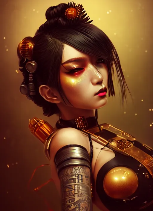 Image similar to soft lustrous ebony geisha seductive raver gutter punk steampunk cyborg, yakuza, golden ratio, details, scifi, fantasy, cyberpunk city, intricate, decadent, highly detailed, octane render, digital painting, artstation, concept art, sharp focus, illustration, art by artgerm, loish, wlop