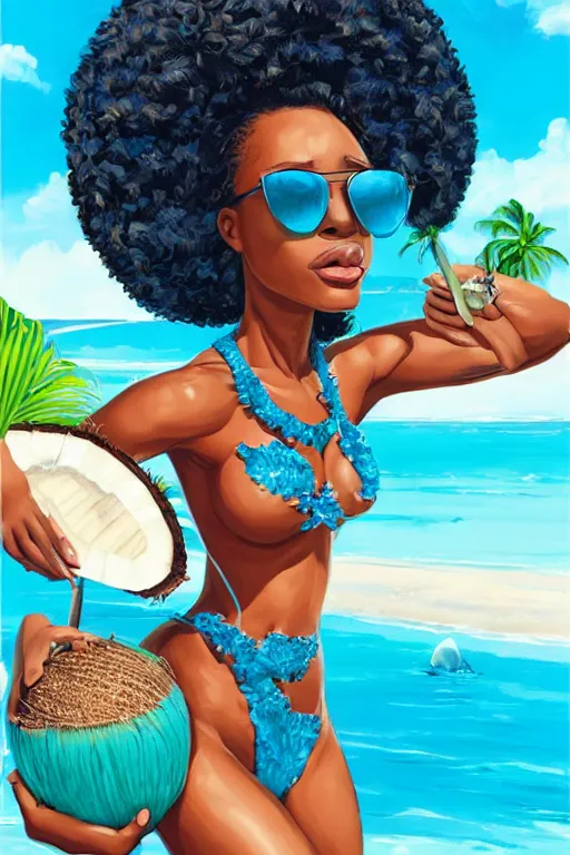 Image similar to a highly detailed beautiful portrait of Black women in the Caribbean wearing aquamarine bikini and shades, full glossy lips, drinking out of a coconut highly detailed, 2d game fanart behance hd by Jesper Ejsing, by RHADS, Makoto Shinkaih and Lois van baarle, ilya kuvshinov, rossdraws global illumination, cinematic , hyper-reslistic, depth of field, coherent, high definition, 8k resolution octane renderer, artstation