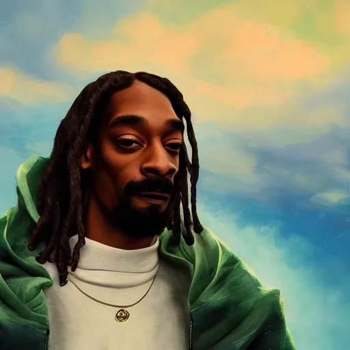 Image similar to a colossal god snoop dog is smoking the clouds, highly detailed, digital painting, artstation, octane render, concept art, matte, sharp focus, illustration, impressionist painting