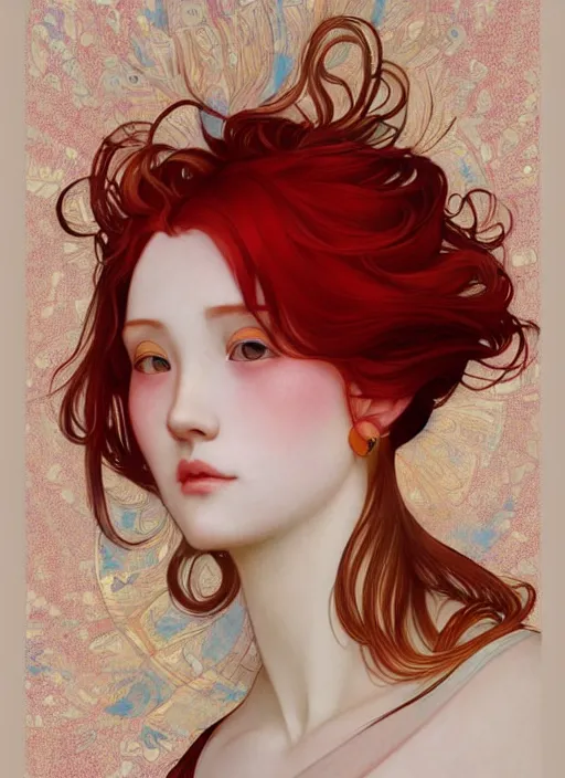 Image similar to colourful upper half portrait of a beautiful red - hair girl - art by tenmyouya hisashi, hsiao - ron cheng & alphonse mucha, highly detailed, digital painting, illustration, smooth, sharp focus, intricate, symmetry, pinterest, behance, artstation