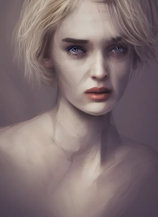 Prompt: beautiful blonde female mummy who looks like young winona ryder wearing old bandages, hyper realistic digital illustration, hd, intricate, depth of field, soft lighting, elegant, character design