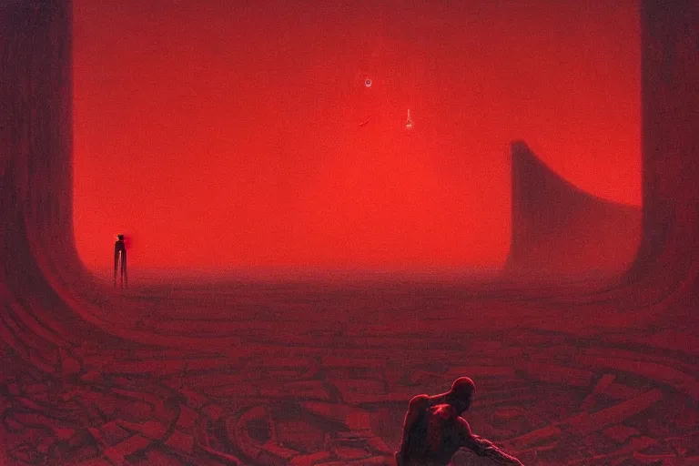 Image similar to only with red, a red god of death eat apple, a futuristic city on mars in background, floor are worms, in the style of beksinski, part by hopper, part by rodcenko, part by hofbauer, intricate composition, red by caravaggio, insanely quality, highly detailed, masterpiece, red light, artstation