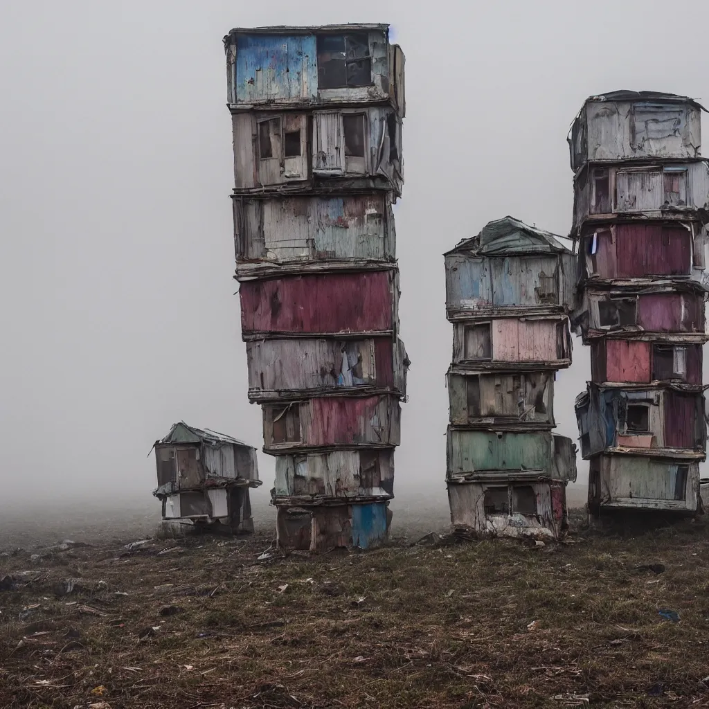 Prompt: two towers, made up of makeshift squatter shacks with faded colours, uneven dense fog, dystopia, sony a 7 r 3, f 1 1, fully frontal view, photographed by jeanette hagglund