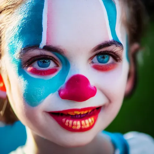 Prompt: A portrait of a girl who has face-painting like a clown smiling creepily. Depth of field. Lens flare