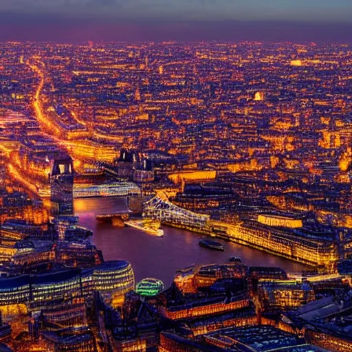 Prompt: london on fire aerial view volumetric lighting