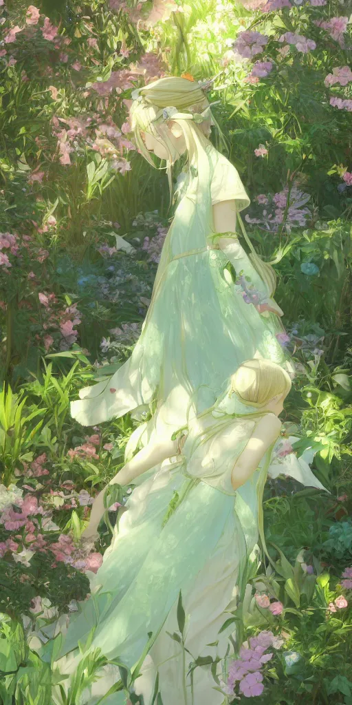 Image similar to a digital art of a loli with long hair in a dress in the privet garden at after noon, green and warm theme, back lighting, by krenz cushart and mucha and akihito yoshida and greg rutkowski and makoto shinkai, detailed eyes, 4 k resolution, trending on art station