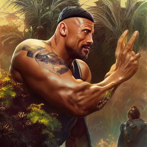 Image similar to Dwayne Johnson and Ryan Gosling Save the World, fantasy, intricate, elegant, highly detailed, digital painting, artstation, concept art, smooth, sharp focus, illustration, art by artgerm and greg rutkowski and alphonse mucha