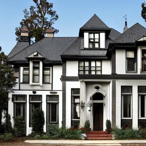 Image similar to stucco tudor with wood and tile white black mansion by mcalpine house, by jackson & leroy architects