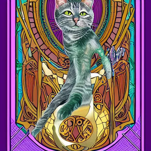 Image similar to Super math wizard cat, in Art Nouveau style, illustration for tarot card