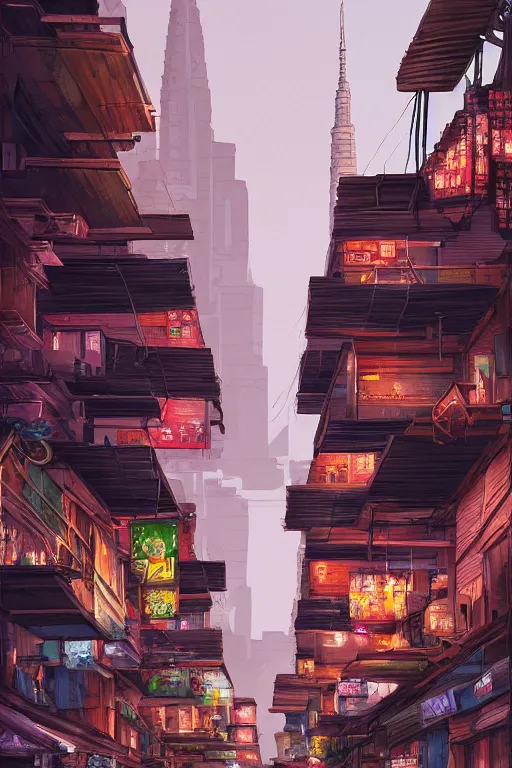 Image similar to backlane alley hawker street with kuala lumpur twin towers in the background, evening, highly detailed matte painting, studio ghibli, artstation