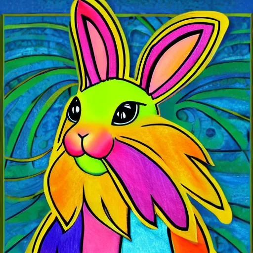 Prompt: portrait friendly cute happy stylish realistic rainbow rabbit. background in the style of art nouveau. lively. colorful. hd.