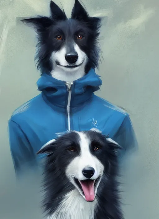 Prompt: beautiful portrait of a cute male anthropomorphic border collie fursona wearing a blue tracksuit in idaho. by charlie bowater, henry asencio, and ross tran. scenic background, detailed, concept art, detailed hands, glamor pose, aesthetic, trending on artstation, top rated on furaffinity and deviantart