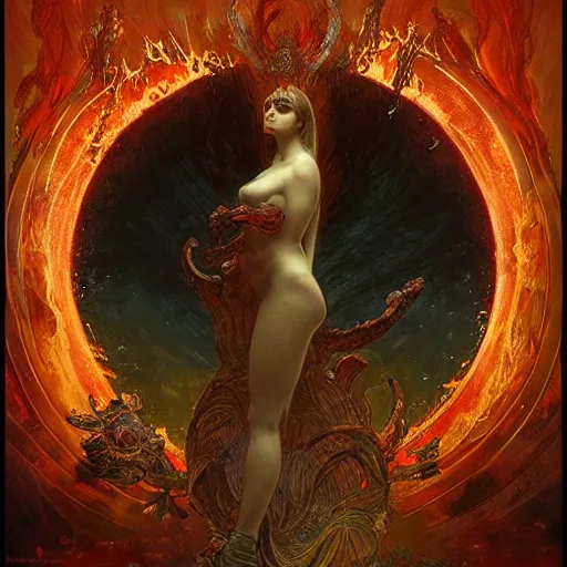 Image similar to eternal goddess empress bathing in deepest fiery underworld depths of hell by greg rutkowski, gustave dore, alphone mucha, visionary deep aesthetics art