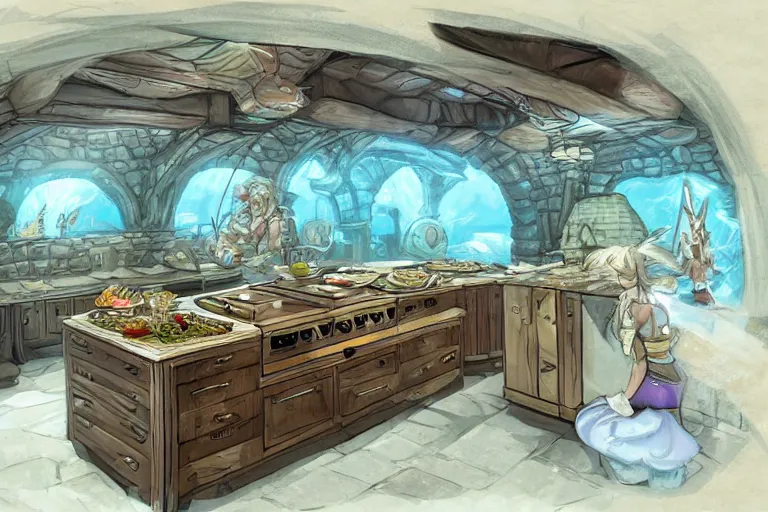 Image similar to underwater kitchen island, dungeons and dragons concept art