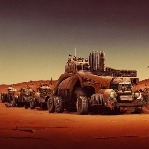 Prompt: of a desert scene mad max inspired painting by simon stalenhag