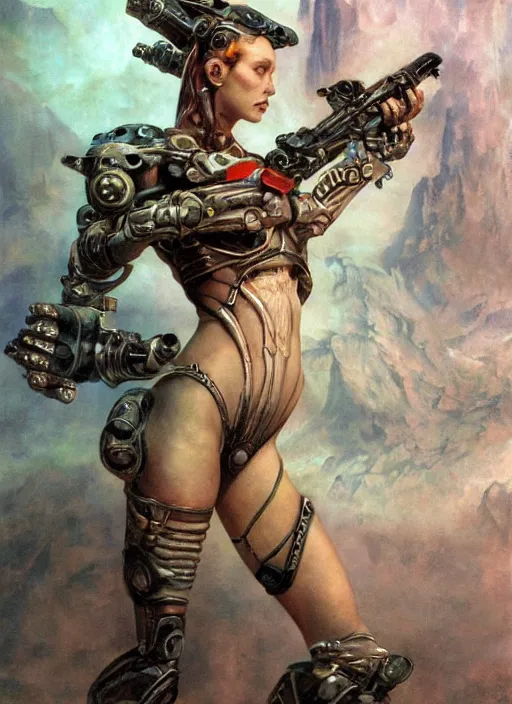 Prompt: biblical daemonic bautiful cyborg girl with glowing veins, shoulder pads, rocket launcher, on planet jupiter, underwater photography, by gerald brom, by mikhail vrubel, by peter elson, muted colors, extreme detail, trending on artstation, 8 k