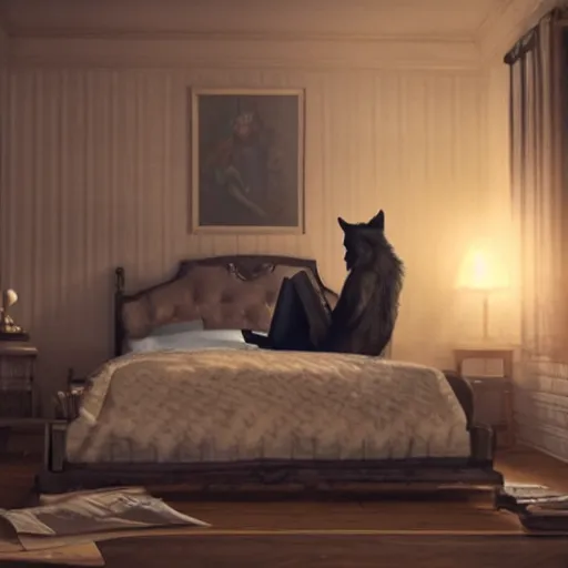 Image similar to a werewolf sitting on top of a bed with a laptop, a screenshot by Gregory Crewdson, cgsociety, video art, horror film, movie still