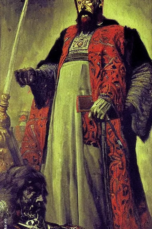 Prompt: ivan the terrible painting but ivan is thanos, painting by ilya repin