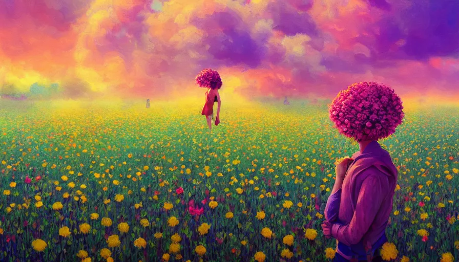 Image similar to girl with a giant flower head, surreal photography, dream, standing in flower field, hills, big trees, sunrise dramatic light, impressionist painting, colorful clouds, digital painting, pointillism, artstation, simon stalenhag, flower face