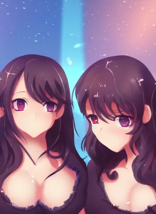 Image similar to two beautiful mature idols, gorgeous faces, smooth, thick lines, cinematic lighting, detailed anime art