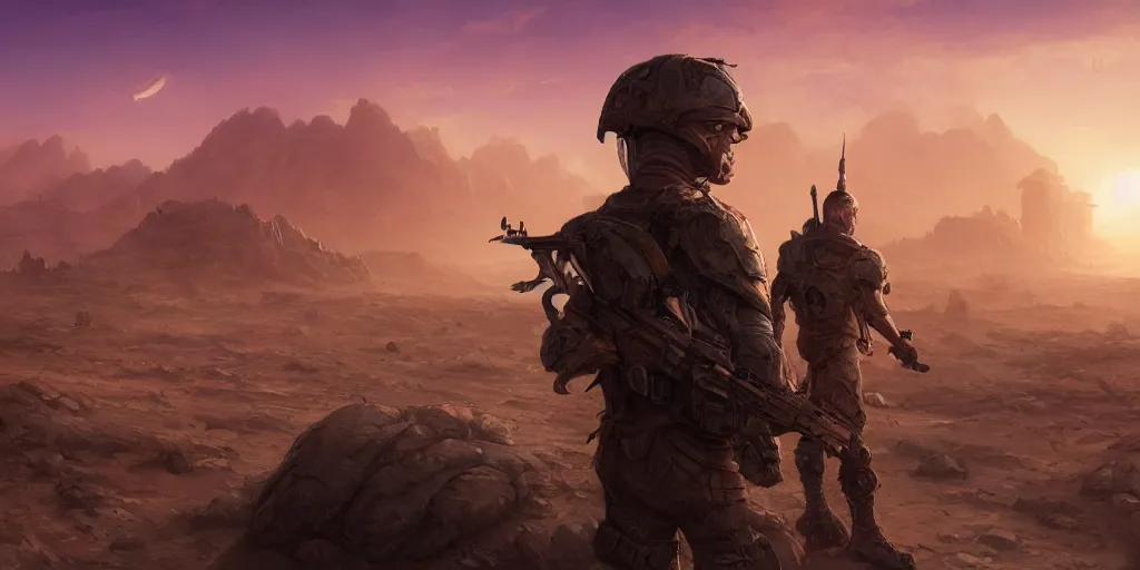 Prompt: detailed concept illustration, matte painting, strong muscular older soldier roaming through desert with city in the skyline, two suns, purple sky orange colors, ant aliens at the horizon, sharp focus, illustration, highly detailed, digital painting, concept art, matte, art by wlop and artgerm and greg rutkowski, masterpiece