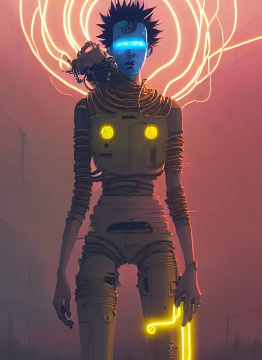 Image similar to highly detailed portrait of wasteland punk long curly bright yellow and white plasma electricity hair tribal lady, stray electric spark wiring by atey ghailan, james gilleard, by joe fenton, by greg rutkowski, by greg tocchini, by kaethe butcher, 4 k resolution, gradient yellow, black and white color scheme!!! ( ( lightning cloudy robotic dystopian city background ) )