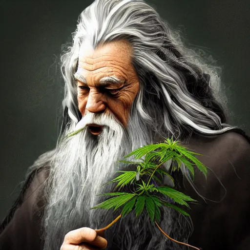 Prompt: Gandalf holding a marijuana plant, digital art, highly detailed, trending on artstation