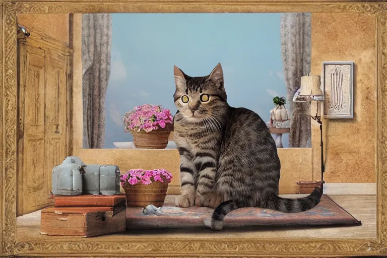 Image similar to a very very very very detailed matte painting of Cute Cat sitting in center of Provence style Room,