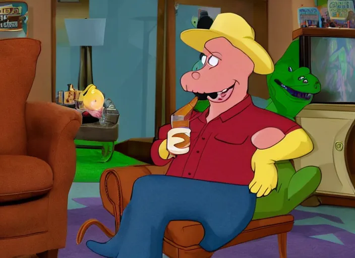 Image similar to retired barney, sitting in a lounge, sipping whiskey and smoking a cigar in the new barney the dinosaur show, 4 k