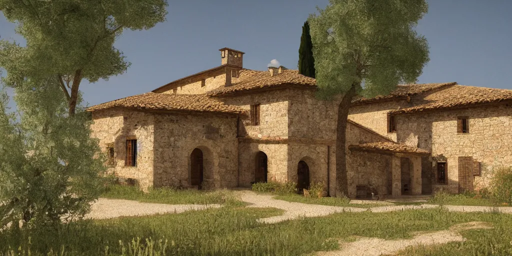 Image similar to a rustic medieval villa, beautiful tuscany landscape, cinematic, bokeh, kodak gold 2 0 0, unreal engine